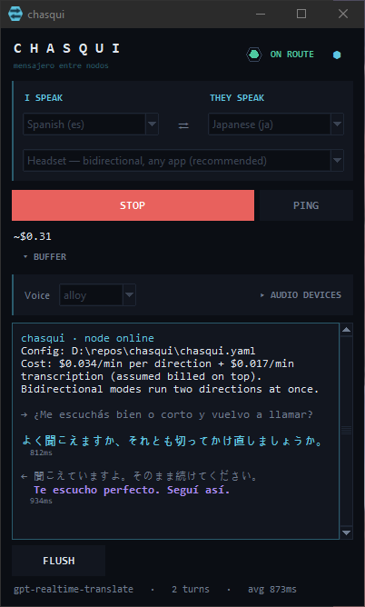The chasqui window: language pickers, mode, Start, and a live transcript with each line and its translation